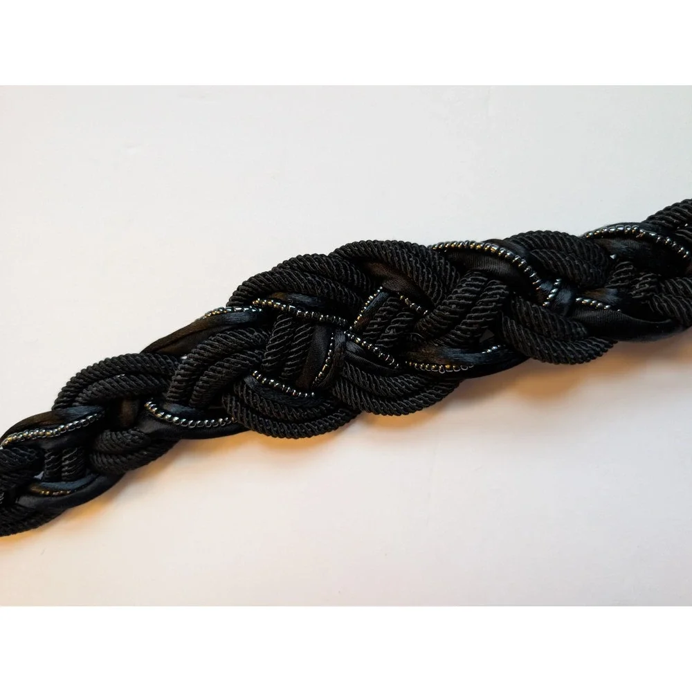 Vintage Leather Shop Black Braided Cord Nautical Knot Elastic Belt Gold Hook S